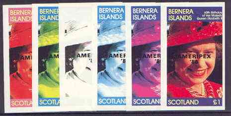 Bernera 1986 Queens 60th Birthday imperf souvenir sheet (\A31 value) with AMERIPEX opt in black, the set of 6 progressive proofs comprising single colour, 2-colour, three..., stamps on royalty, stamps on 60th birthday, stamps on stamp exhibitions