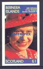 Bernera 1986 Queens 60th Birthday imperf souvenir sheet (Â£1 value) with AMERIPEX opt in blue unmounted mint, stamps on royalty, stamps on 60th birthday, stamps on stamp exhibitions