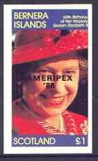Bernera 1986 Queen's 60th Birthday imperf souvenir sheet (Â£1 value) with AMERIPEX opt in black unmounted mint, stamps on royalty, stamps on 60th birthday, stamps on stamp exhibitions