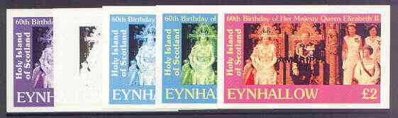 Eynhallow 1986 Queen's 60th Birthday imperf deluxe sheet (\A32 value) with AMERIPEX opt in black, set of 5 progressive proofs comprising single & various composite combinations unmounted mint, stamps on royalty, stamps on 60th birthday, stamps on stamp exhibitions