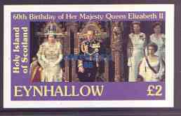 Eynhallow 1986 Queen's 60th Birthday imperf deluxe sheet (Â£2 value) with AMERIPEX opt in blue unmounted mint, stamps on , stamps on  stamps on royalty, stamps on  stamps on 60th birthday, stamps on  stamps on stamp exhibitions