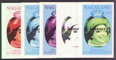 Nagaland 1986 Queen's 60th Birthday imperf deluxe sheet (2Ch value) with AMERIPEX opt in black, set of 5 progressive proofs comprising single & various composite combinations unmounted mint, stamps on royalty, stamps on 60th birthday, stamps on stamp exhibitions