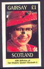 Gairsay 1986 Queens 60th Birthday imperf souvenir sheet (Â£1 value) with AMERIPEX opt in black unmounted mint, stamps on royalty, stamps on 60th birthday, stamps on stamp exhibitions