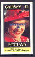 Gairsay 1986 Queen's 60th Birthday imperf souvenir sheet (Â£1 value) with AMERIPEX opt in blue unmounted mint, stamps on , stamps on  stamps on royalty, stamps on  stamps on 60th birthday, stamps on  stamps on stamp exhibitions