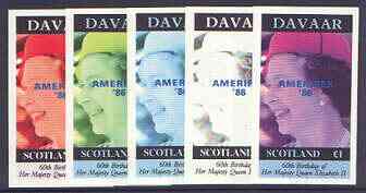 Davaar Island 1986 Queen's 60th Birthday imperf souvenir sheet (\A31 value) with AMERIPEX opt in blue, the set of 5 progressive proofs comprising single colour, 2-colour and three x 3-colour combinations (5 proofs) unmounted mint, stamps on royalty, stamps on 60th birthday