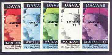 Davaar Island 1986 Queens 60th Birthday imperf souvenir sheet (\A31 value) with AMERIPEX opt in black, the set of 5 progressive proofs comprising single colour, 2-colour ..., stamps on royalty, stamps on 60th birthday