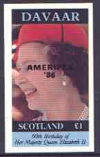 Davaar Island 1986 Queen's 60th Birthday imperf souvenir sheet (Â£1 value) with AMERIPEX opt in black unmounted mint, stamps on royalty, stamps on 60th birthday