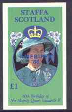 Staffa 1986 Queen's 60th Birthday imperf souvenir sheet (Â£1 value) with AMERIPEX opt in blue unmounted mint, stamps on , stamps on  stamps on royalty, stamps on  stamps on 60th birthday, stamps on  stamps on stamp exhibitions