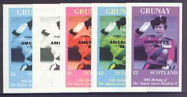 Grunay 1986 Queens 60th Birthday imperf deluxe sheet (\A32 value) with AMERIPEX opt in black, set of 5 progressive proofs comprising single & various composite combinatio..., stamps on royalty, stamps on 60th birthday, stamps on stamp exhibitions