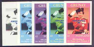 Grunay 1986 Queens 60th Birthday imperf deluxe sheet (\A32 value) with AMERIPEX opt in blue, set of 5 progressive proofs comprising single & various composite combination..., stamps on royalty, stamps on 60th birthday, stamps on stamp exhibitions