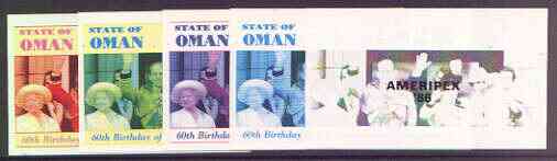 Oman 1986 Queens 60th Birthday imperf souvenir sheet (2R value) with AMERIPEX opt in black, set of 5 progressive proofs comprising single & various composite combinations..., stamps on royalty, stamps on 60th birthday, stamps on stamp exhibitions