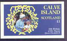 Calve Island  1986 Queen's 60th Birthday imperf souvenir sheet (Â£1 value) with AMERIPEX opt in blue unmounted mint, stamps on , stamps on  stamps on royalty, stamps on  stamps on 60th birthday, stamps on  stamps on stamp exhibitions