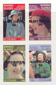 Bernera 1986 Queen's 60th Birthday imperf sheetlet containing 4 values with AMERIPEX opt in black unmounted mint, stamps on royalty, stamps on 60th birthday, stamps on stamp exhibitions