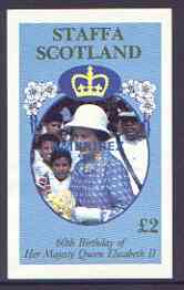 Staffa 1986 Queen's 60th Birthday imperf deluxe sheet (Â£2 value) with AMERIPEX opt in blue unmounted mint, stamps on royalty, stamps on 60th birthday, stamps on stamp exhibitions