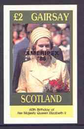 Gairsay 1986 Queens 60th Birthday imperf deluxe sheet (Â£2 value) with AMERIPEX opt in black unmounted mint, stamps on royalty, stamps on 60th birthday, stamps on stamp exhibitions