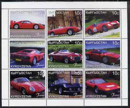 Kyrgyzstan 1999 Ferrari perf sheetlet containing set of 9 values unmounted mint, stamps on cars, stamps on ferrari, stamps on racing cars