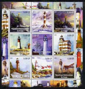 Congo 2002 Lighthouses perf sheetlet containing set of 9 values unmounted mint, stamps on , stamps on  stamps on lighthouses