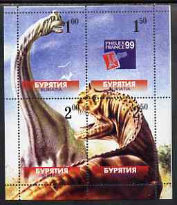 Buriatia Republic 1999 Dinosaurs composite perf sheetlet containing set of 4 values unmounted mint (one stamp with Philex France 99 logo, stamps on dinosaurs, stamps on stamp exhibitions