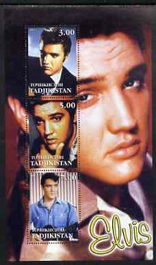 Tadjikistan 2001 Elvis Presley perf sheetlet containing set of 3 values unmounted mint, stamps on personalities, stamps on elvis, stamps on music, stamps on films, stamps on entertainments, stamps on pops