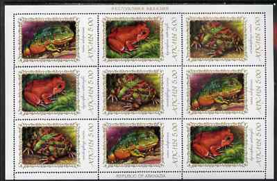 Abkhazia 2000 Frogs & Toads #2 perf sheetlet of 9 containing 3 se-tenant strips of 3 unmounted mint, stamps on animals, stamps on reptiles, stamps on frogs