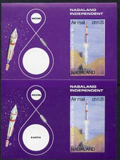 Nagaland 1969 The Moon programme 1ch25 m/sheet x 2, both imperf, one with Earth omitted unmounted mint, stamps on space