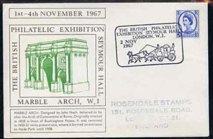 Postmark - Great Britain 1967 cover for Britsh Philatelic Exhibition (2nd Day with Marble Arch in green) with Mail Coach illustrated cancel (cover slightly grubby), stamps on stamp exhibitions, stamps on mail coaches, stamps on horses
