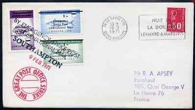 Great Britain 1971 Postal Strike cover to France bearing set of 3 Stroma 'EUROPA 1963' Fish values overprinted 'Emergency Strike Post, International Mail' with Stroma obliterated, various cachets plus French 50c stamp cancelled Le Havre, stamps on strike, stamps on fish, stamps on europa