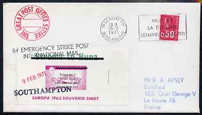 Great Britain 1971 Postal Strike cover to France bearing Stroma 'EUROPA 1963' Fish m/sheet overprinted 'Emergency Strike Post, International Mail' with Stroma obliterated, various cachets plus French 50c stamp cancelled Le Havre, stamps on strike, stamps on fish, stamps on europa