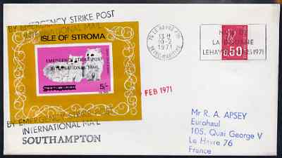 Great Britain 1971 Postal Strike cover to France bearing Stroma imperf Cat m/sheet overprinted 'Emergency Strike Post, International Mail' with Stroma obliterated, various cachets plus French 50c stamp cancelled Le Havre, stamps on strike, stamps on cats, stamps on horse, stamps on horses
