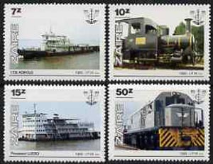 Zaire 1985 National Transport Office (Ships & Trains) perf set of 4 unmounted mint, SG 1258-61, stamps on transport, stamps on railways, stamps on ships, stamps on tugs