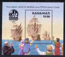 Bahamas 1990 500th Anniversary of Discovery of America by Columbus (3rd issue) perf m/sheet (Departure) unmounted mint, SG MS 874, stamps on explorers, stamps on columbus, stamps on ships