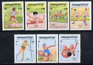 Kampuchea 1984 Los Angeles Olympic Games (2nd issue) perf set of 7 unmounted mint, SG 526-32, stamps on sport, stamps on olympics, stamps on discus, stamps on high jump, stamps on long jump, stamps on hurdles, stamps on pole vault, stamps on javelin