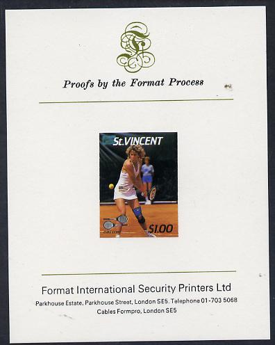 St Vincent 1987 International Tennis Players $1 Chris Evert imperf proof mounted on Format International proof card (as SG 1060), stamps on personalities, stamps on tennis, stamps on sport