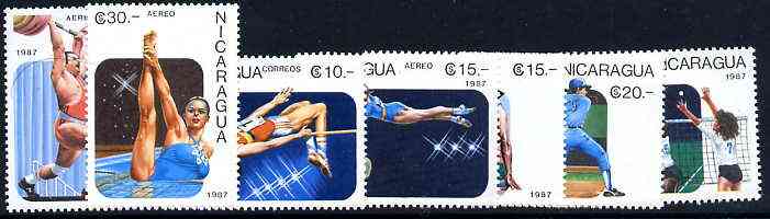 Nicaragua 1987 Panamerican Games perf set of 7 unmounted mint, SG 2895-2901, stamps on sport, stamps on running, stamps on baseball, stamps on weightlifting, stamps on high jump, stamps on handball, stamps on swimming, stamps on gymnastics, stamps on  gym , stamps on gymnastics, stamps on 