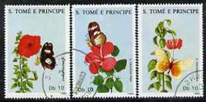 St Thomas & Prince Islands 1988 Butterflies & Flowers perf set of 3 very fine cto used, stamps on butterflies, stamps on flowers