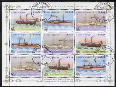 St Thomas & Prince Islands 1984 UPU Congress (Paddle Steamers) perf sheetlet of 9 (3 sets of 3) fine cto used, stamps on upu, stamps on ships, stamps on paddle steamers, stamps on  upu , stamps on 