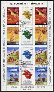 St Thomas & Prince Islands 1978 Centenary of UPU perf sheetlet containing 12 values (set of 8 plus extra 4 values) fine cto used (Concorde,Balloon, Airship,Train,Stage co..., stamps on upu, stamps on railways, stamps on airships, stamps on concorde, stamps on balloons, stamps on ships, stamps on postal, stamps on horses, stamps on  upu , stamps on 