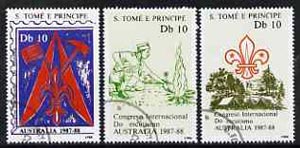 St Thomas & Prince Islands 1988 Scouts Congress perf set of 3, fine cto used, stamps on butterflies, stamps on scouts