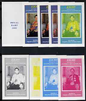 Equatorial Guinea 1982 Prince Charles imperf souvenir sheet (300ek value) opt'd ROYAL BABY 1982,  the set of 9 progressive proofs comprising the individueal colours plus various combinations including completed design unmounted mint, stamps on charles, stamps on diana, stamps on royalty, stamps on william