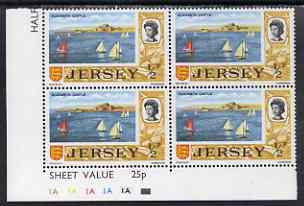 Jersey 1970-74 Sailing around Elizabeth Castle 1/2p in plate block of 4 unmounted mint, SG 42, stamps on castles, stamps on sailing