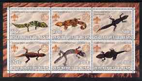 Benin 2002 Lizards & Gekkos perf sheetlet containing set of 6 values, each with Scouts & Guides Logos unmounted mint, stamps on scouts, stamps on guides, stamps on reptiles, stamps on lizards