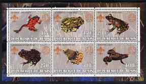 Benin 2002 Frogs perf sheetlet containing set of 6 values, each with Scouts & Guides Logos unmounted mint, stamps on scouts, stamps on guides, stamps on reptiles, stamps on frogs