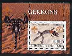 Benin 2002 Lizards & Gekkos perf s/sheet containing single value with Scouts & Guides Logos plus Rotary Logo and Insect (Scorpion) in outer margin, unmounted mint, stamps on scouts, stamps on guides, stamps on reptiles, stamps on lizards, stamps on insects, stamps on scorpions, stamps on rotary