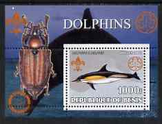 Benin 2002 Whales & Dolphins perf s/sheet containing single value with Scouts & Guides Logos plus Rotary Logo & Insect (Beetle) in outer margin, unmounted mint, stamps on scouts, stamps on guides, stamps on dolphins, stamps on whales, stamps on rotary, stamps on insects