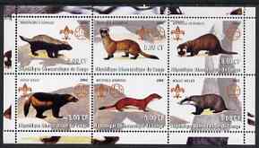 Congo 2002 Martens etc perf sheetlet containing set of 6 values, each with Scouts & Guides Logos unmounted mint, stamps on scouts, stamps on guides, stamps on animals, stamps on martens, stamps on badgers