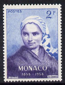 Monaco 1958 St Bernadette 2f unmounted mint from Apparition at Lourdes set, SG 599*, stamps on religion, stamps on saints