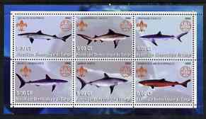 Congo 2002 Sharks perf sheetlet containing set of 6 values, each with Scouts & Guides Logos unmounted mint, stamps on scouts, stamps on guides, stamps on sharks