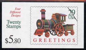 United States 1992 Christmas $5.80 booklet complete and pristine, SG SB 168, stamps on christmas, stamps on toys, stamps on horses, stamps on railways, stamps on cars, stamps on ships, stamps on 