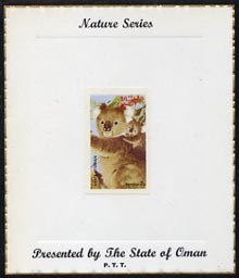 Oman 1974 Zoo Animals (Koala Bear) imperf (2b value) mounted on special 'Nature Series' presentation card inscribed 'Presented by the State of Oman', stamps on animals, stamps on bears, stamps on koala