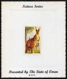 Oman 1974 Zoo Animals (Kangaroo) imperf (10b value) mounted on special Nature Series presentation card inscribed Presented by the State of Oman, stamps on animals, stamps on kangaroo